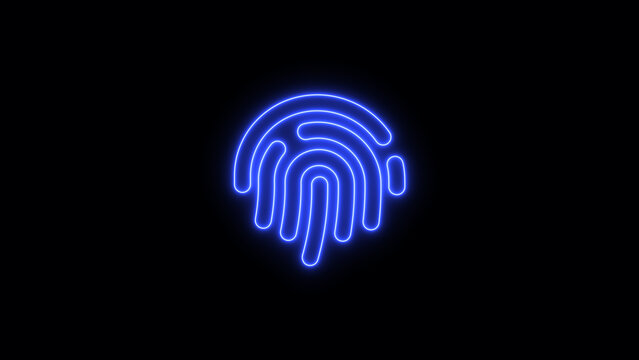Blue neon fingerprint symbol on black background biometric