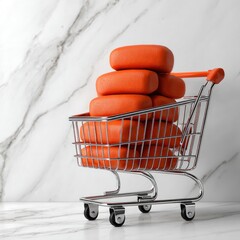 Orange soaps in metal cart against marble backdrop
