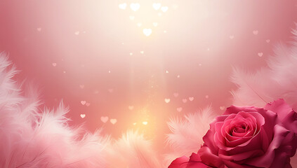 Pink rose with white feathers hearts on pink background
