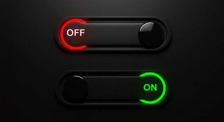 Two sleek toggle switches on a dark background, one red "OFF" and one green "ON" &mdash; minimalist, modern interface for digital controls or settings