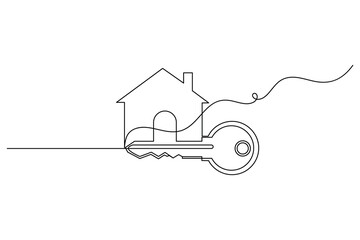 Continuous one line drawing of a house and key as a symbol for real estate