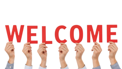 Hands Holding Welcome Letters Against Black Background