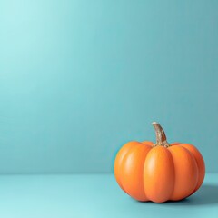 Orange pumpkin sits against a solid turquoise backdrop