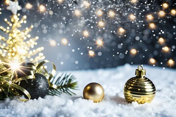 Golden Christmas ornaments on snowy ground with sparkling lights