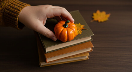 Hand placing a small orange pumpkin on a stack of books, with a single autumn leaf nearby &mdash; cozy, intellectual fall scene perfect for seasonal content or book-related themes