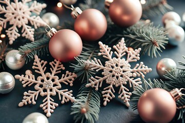 Festive Christmas decorations with snowflakes and ornaments on pine branches