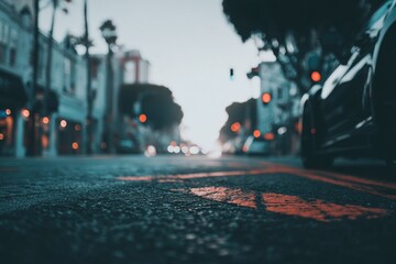 Scene shows a city street with a parked car, traffic lights, and blurred lights in the background during dusk