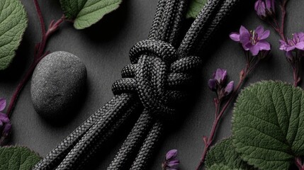 Knotted cord with rock and flora on gray backdrop