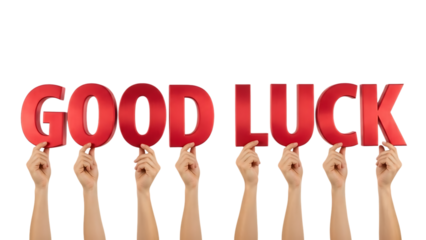 Hands Holding Red Letters, Spelling good Luck on Black Background