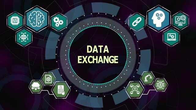 Data exchange concept with circular digital interface and technology icons representing secure transfer, connectivity, and system interoperability.