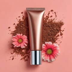 Tube sits amongst powder and daisies on pink backdrop