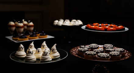 Elegant display of Halloween-themed desserts, including ghost-shaped meringues, cupcakes, and decorated cookies on tiered stands &mdash; spooky yet sophisticated party treats