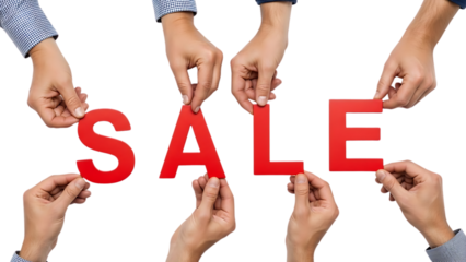 Hands Holding Red Letters Spelling Sale on Black Background