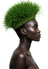 Young african woman, early 20s, elegant profile, vibrant green grass hairstyle, subtle makeup, against transparent studio background with copy space, concept of natural beauty and ecological