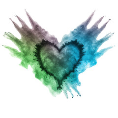 Dynamic explosion of finely milled iridescent blue, green, cyan, turquoise, silver powder forming a perfect heart on a transparent studio background with copy space, love and passion concept