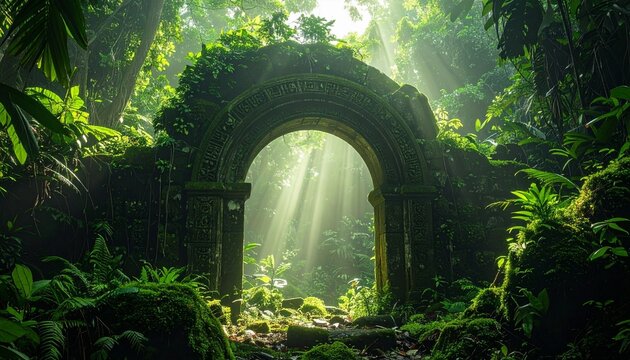 Ancient stone arch covered in moss inside a dense jungle, filtered sunlight rays breaking through leaves, rich green tones, mystical and untouched nature mood, ultra-realistic, 4K quality
