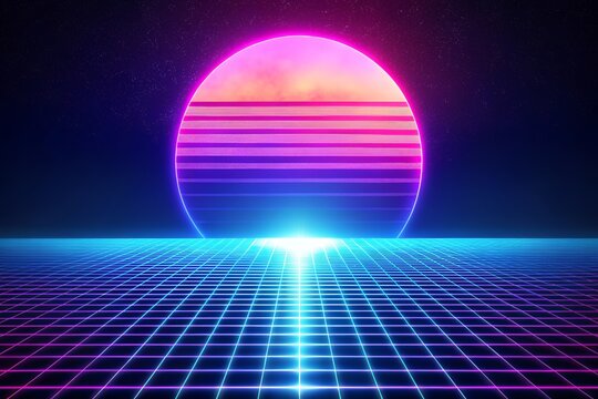 Vibrant neon sunset over futuristic grid landscape with starry night sky - Powered by Adobe