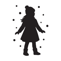 Simple yet elegant black silhouette of a little girl wearing a cozy winter outfit, with snowflakes softly falling around her, evoking the magic of a snowy day