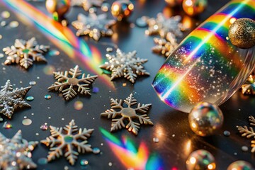 Vibrant rainbow nail polish and gold snowflakes on black background with sparkling ornaments