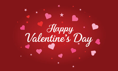Happy Valentines day greeting on deep red heart scatter background, warm romantic theme