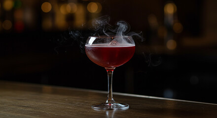 Elegant red cocktail in a coupe glass with wisps of smoke rising, set against a dimly lit bar backdrop &mdash; mysterious, luxurious, and atmospheric drink for upscale events or nightlife