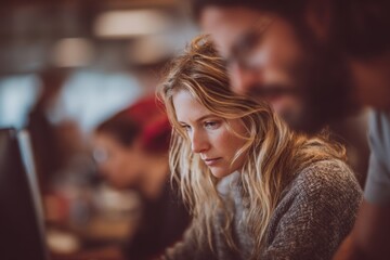 Fototapeta premium Two people focus on their screens in a busy cafe while others work or relax in the background during the afternoon