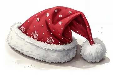 Vibrant red Santa hat with white snowflakes and fluffy trim on white background