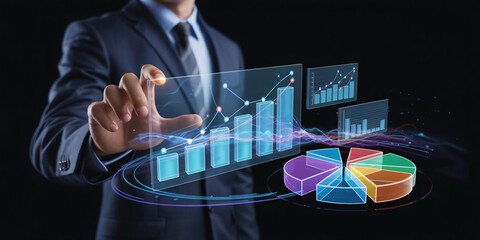 Businessman analyzing data with interactive digital graphs and charts