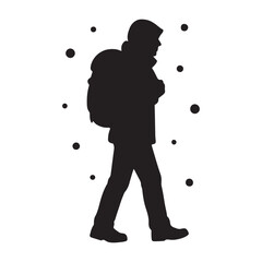 Silhouette of a person with a backpack walking through falling snow, representing winter travel and outdoor activities
