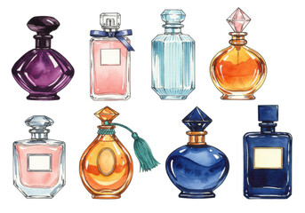 Seven distinct empty watercolor perfume bottles, varied shapes and colors, horizontal flat lay on transparent background with copy space, elegant product display concept