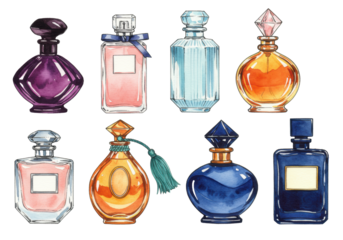 Seven distinct empty watercolor perfume bottles, varied shapes and colors, horizontal flat lay on transparent background with copy space, elegant product display concept
