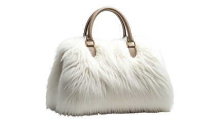 Fluffy, white handbag with gold-toned handles against a black background