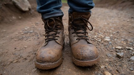 Close up view of muddy brown hiking boots laced and standing on a wet dirt trail