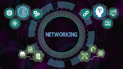 Networking technology concept with circular digital interface and icons showing data flow, communication systems, connectivity, and infrastructure. - Powered by Adobe