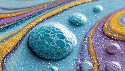 Swirling paints with bubbles; blue, purple, gold texture