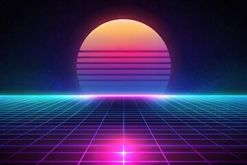 Vibrant neon sunset over futuristic grid landscape with starry night sky