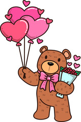 Valentine Teddy Bear with Balloons and Flowers Illustration