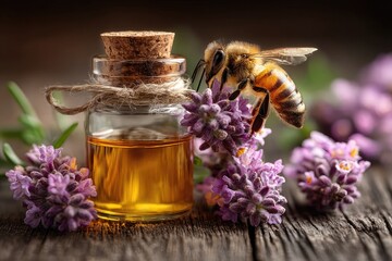 Oil bottle, bee, and lavender blossoms on rustic wood