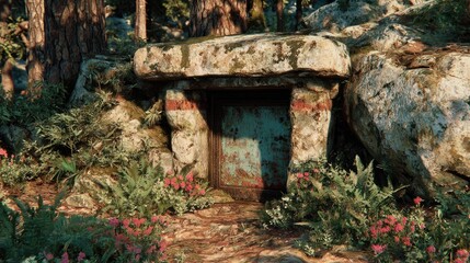 Stone door in forest; overgrown, mossy, and rustic