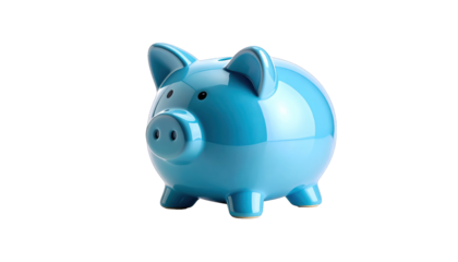 A ceramic, blue, piggy bank set against a black background, slightly angled