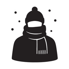 Minimalist silhouette icon of a person warmly dressed in a cozy beanie and scarf, surrounded by falling snowflakes, symbolizing cold winter weather, comfort, and seasonal design