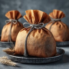 Tied sacks, old tray, and wheat on a rough gray surface