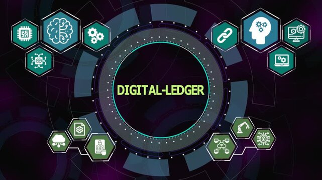 Digital ledger technology concept with circular interface and blockchain icons representing secure records, transparency, decentralization, and data integrity.