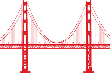 Red silhouette illustration of a suspension bridge featuring iconic towers and cables for travel and landmark design themes © MstSufia