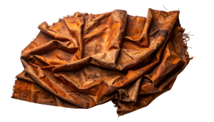A close-up shot of a crumpled, rusty-colored fabric with textured folds against black