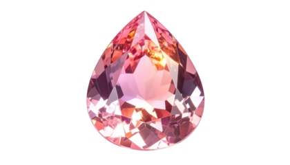 Gleaming teardrop-shaped gemstone with internal facets, set against a black background