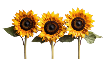 Three radiant sunflowers, stems and leaves visible, isolated on a stark black backdrop