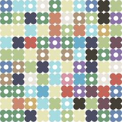 Abstract pattern of colorful flowers and geometric shapes in a playful and vibrant composition