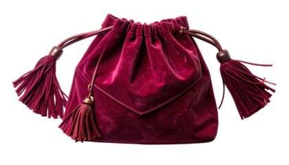 Ruby red drawstring pouch with velvet texture and two long tassels on each side