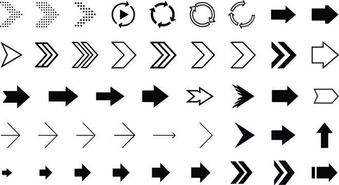 Large collection of minimalist black arrow icons including directional pointers refresh symbols dotted play buttons and chevron signs for professional web and mobile app interface design.
